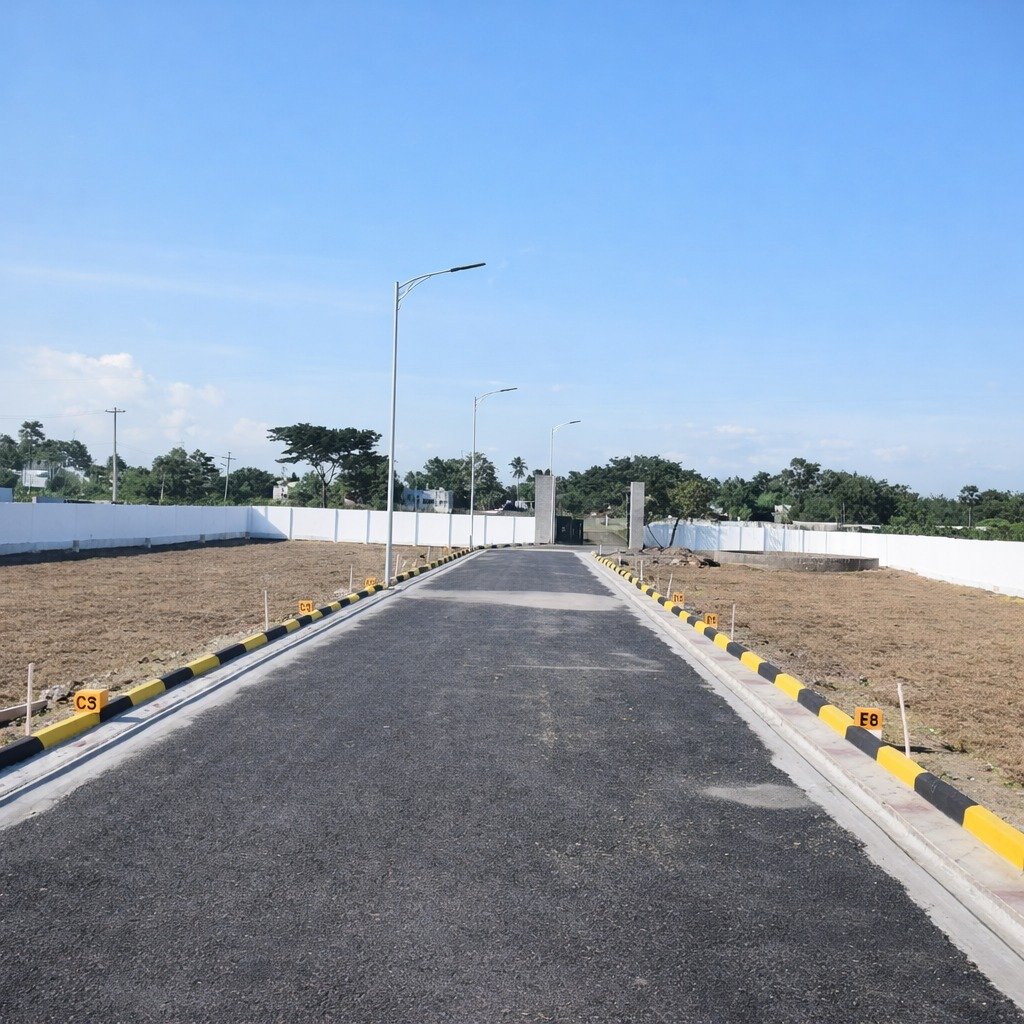 Secure gated compound wall with green tree border