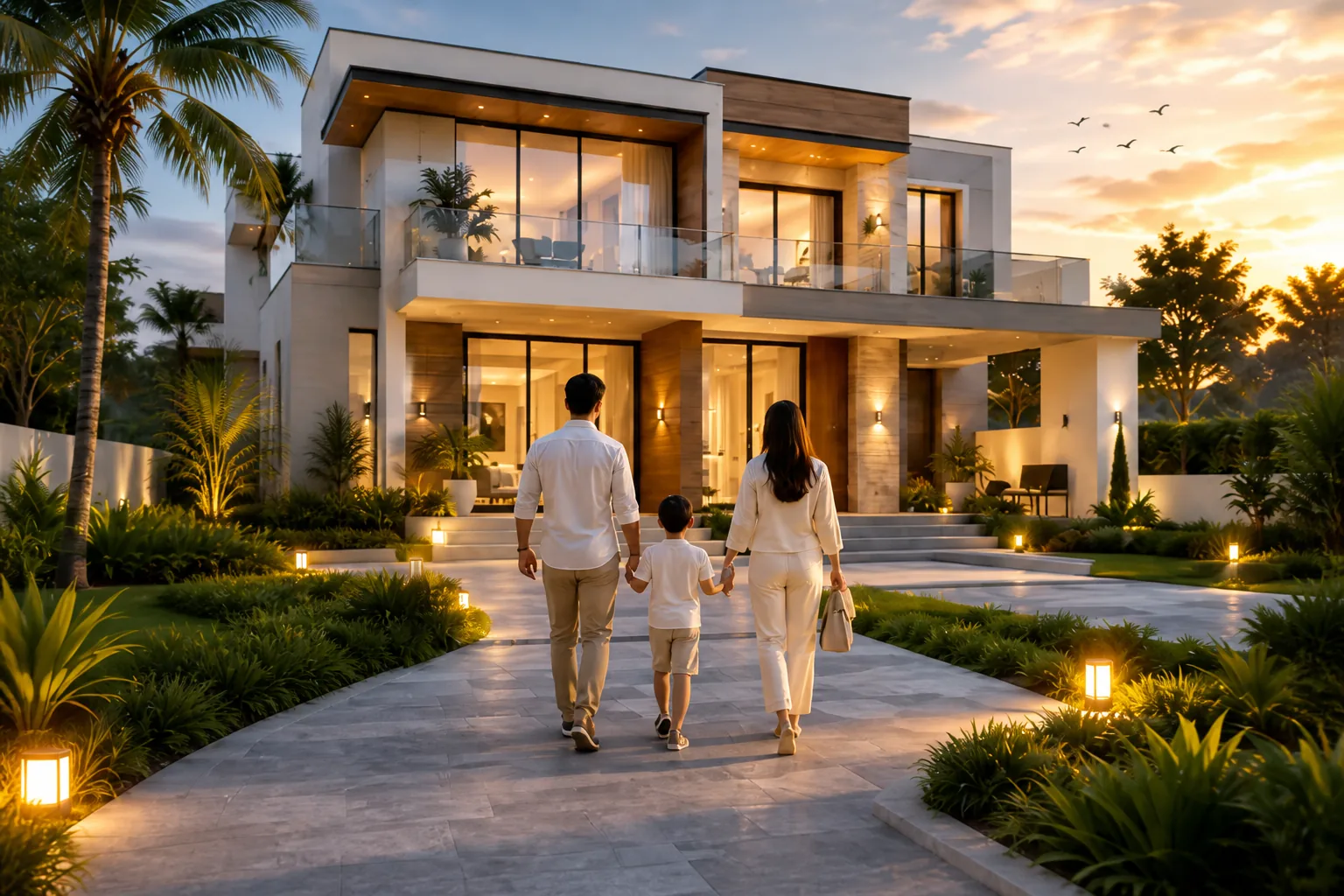 Family walking toward a KSR Realty luxury villa at sunset